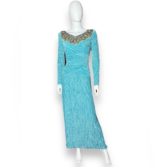 Mary McFadden Couture Long-sleeve Turquoise Pleated Accordion Gown - Picture 3 of 15
